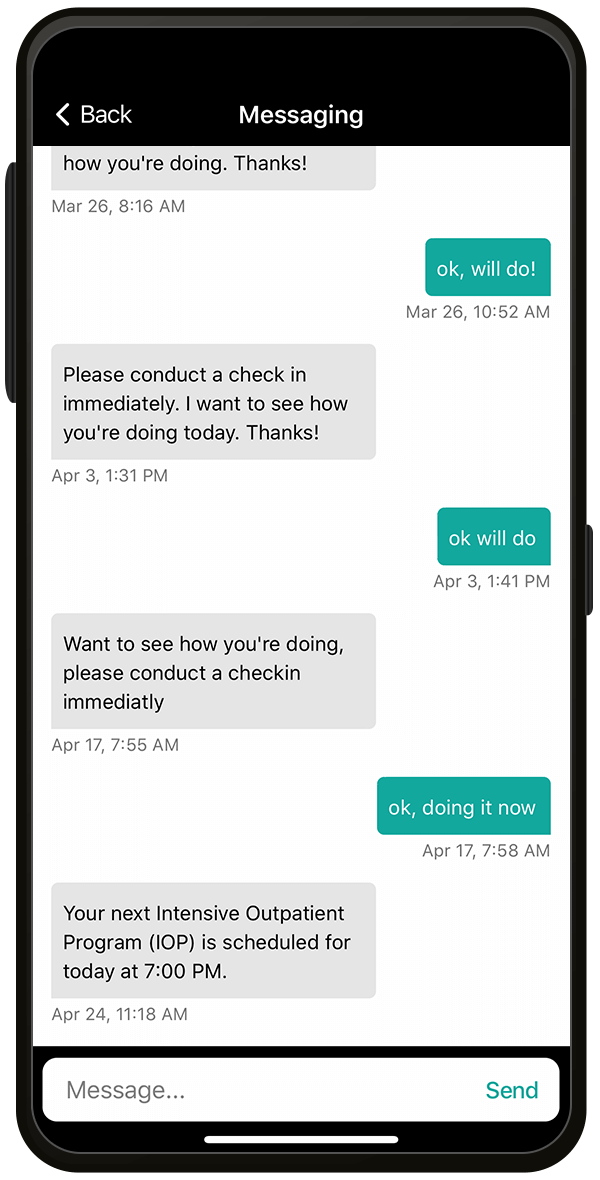 Text-like messages on an electronic monitoring mobile app for easy communication between clients and their supervision officer.