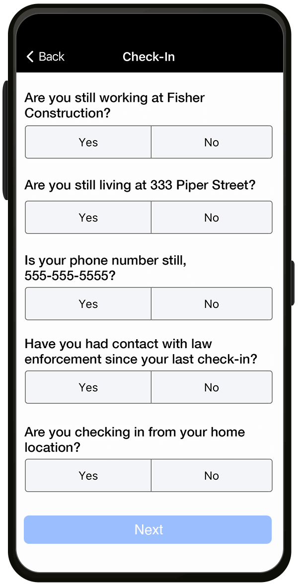 During a mobile check-in clients answer program-configured questions.