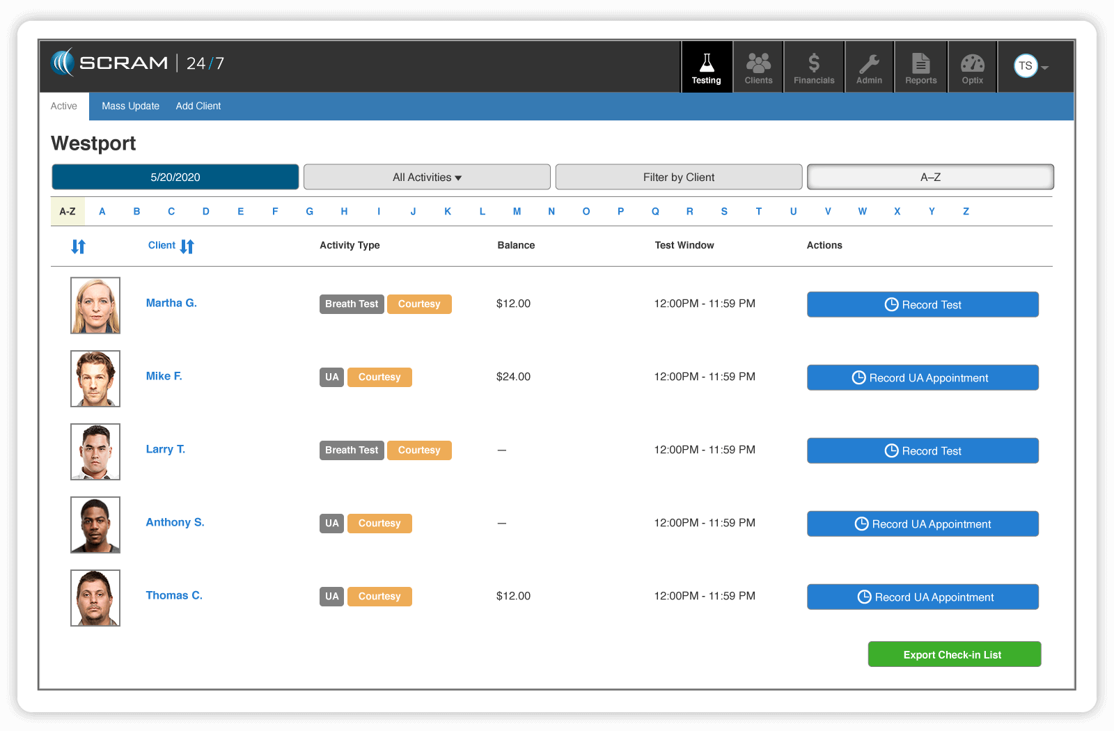 The intuitive dashboard of SCRAM Insight electronic monitoring management software.