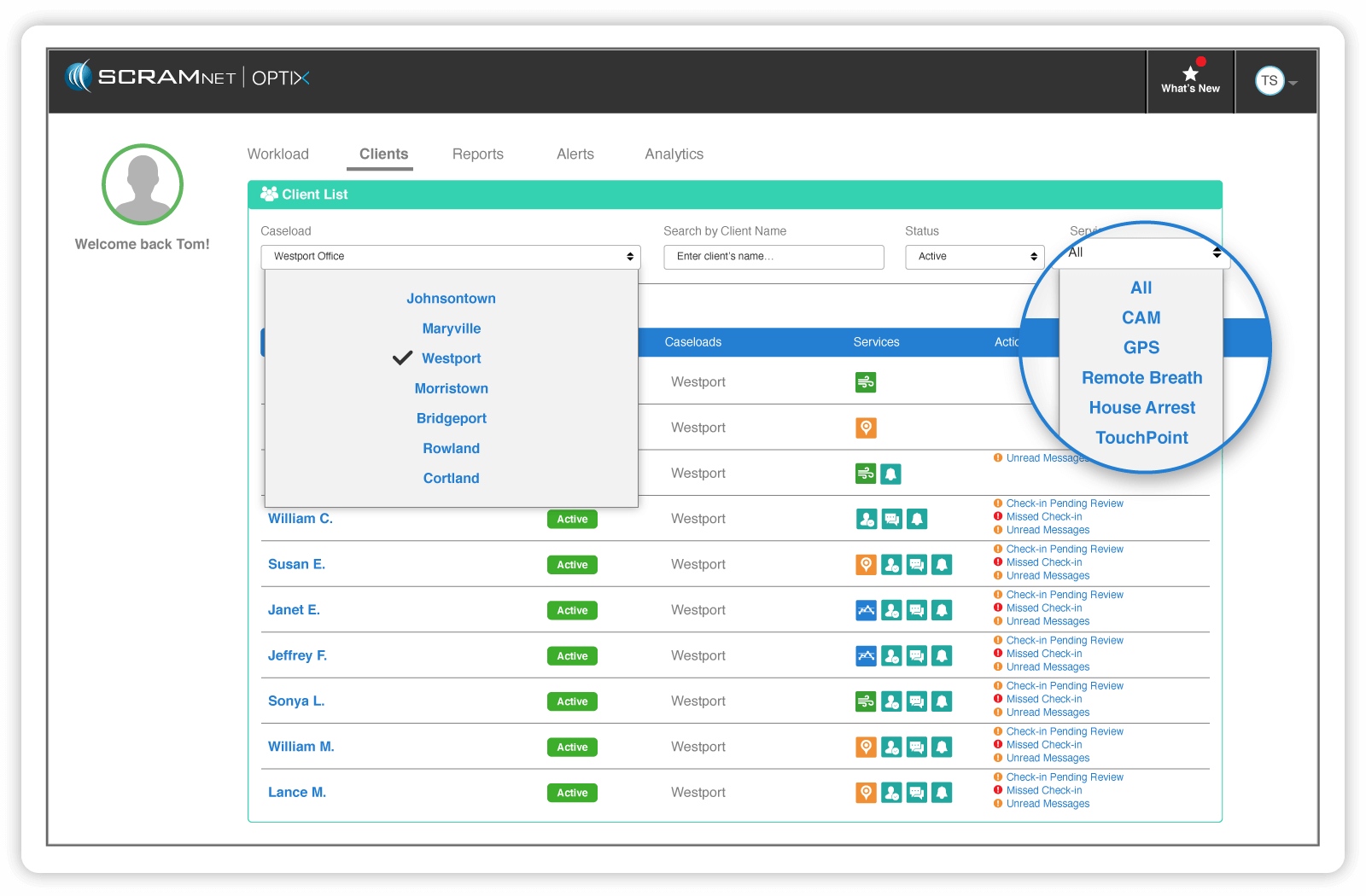 Caseload management software lets you sort clients by caseload, name, service and more.