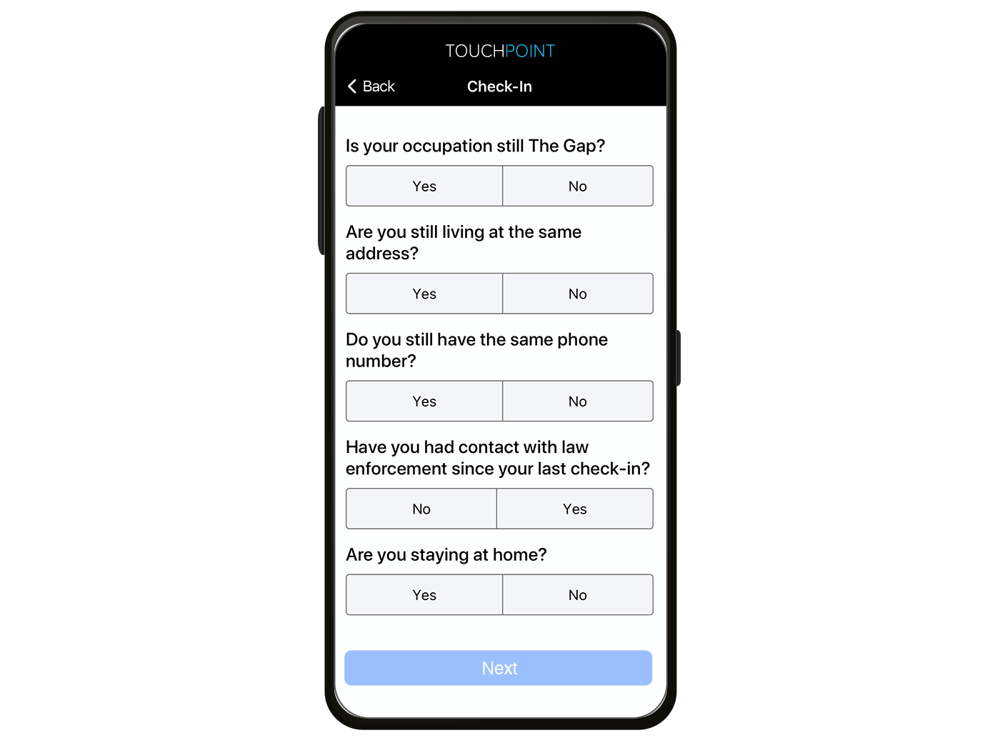 During a mobile check-in clients answer program-configured questions.