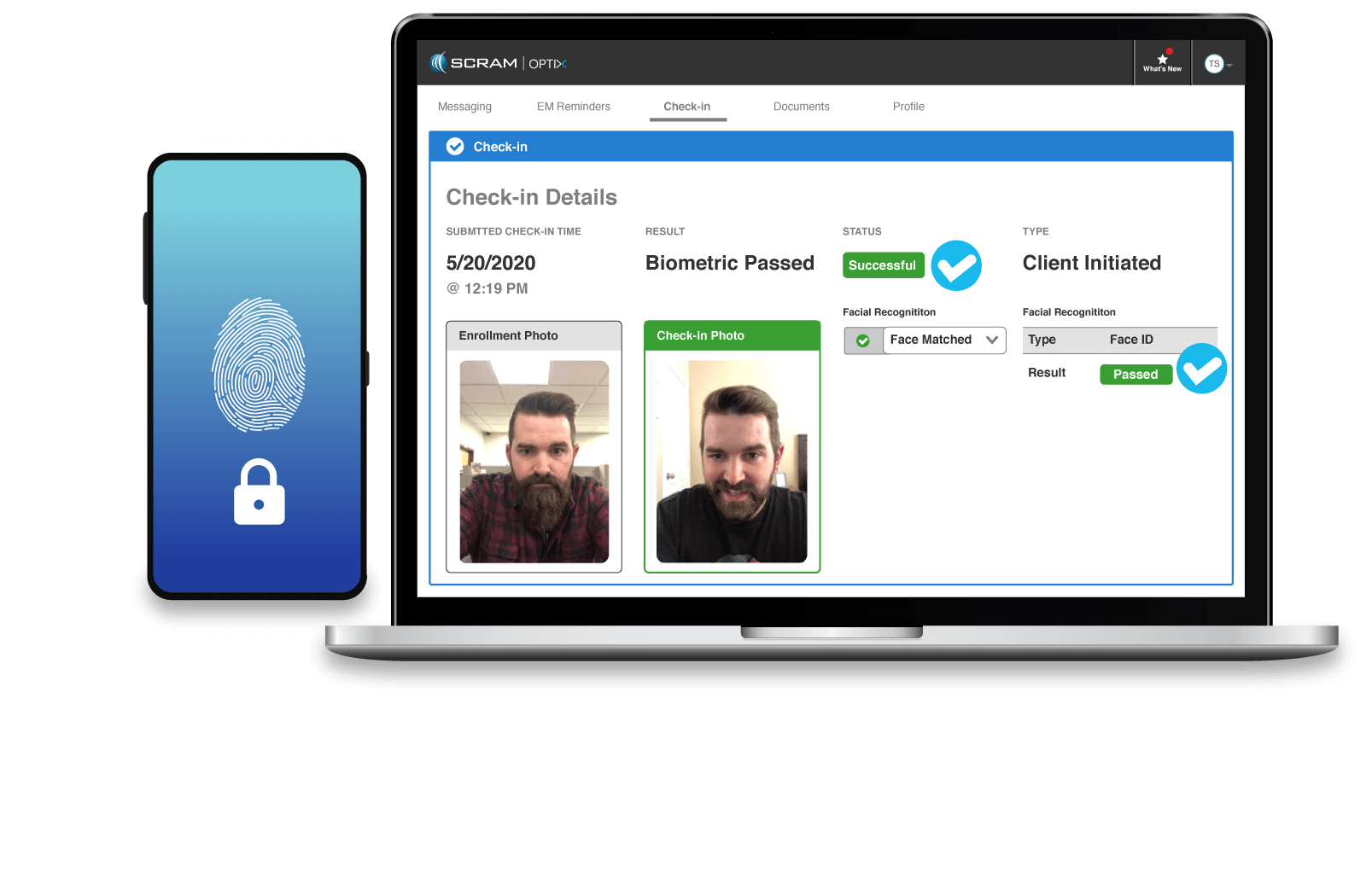 A laptop shows how a client can check-in from the Touchpoint electronic monitoring mobile app.